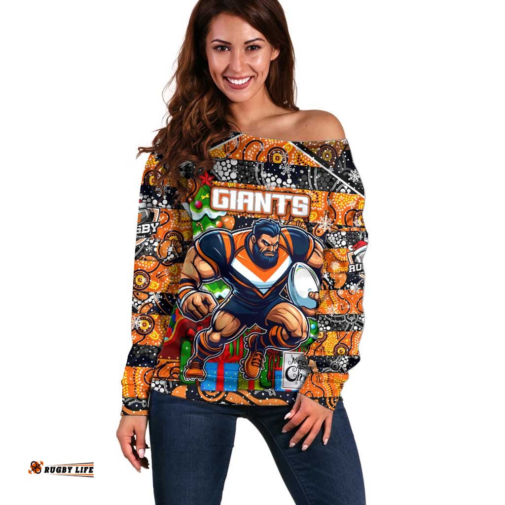Custom Giants Football Merry Christmas Off Shoulder Sweater Indigenous Australian Art