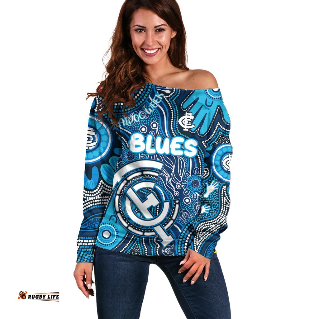 Personalised NAIDOC Week 2024 Carlton Blues Off Shoulder Sweater Australian Aboriginal Hand Painting