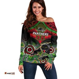 Panthers Rugby Off Shoulder Sweater Penrith 1966 Aboriginal Mix Polynesian Pattern