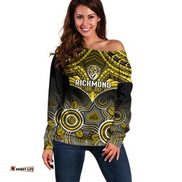 Personalised Richmond Football Off Shoulder Sweater Tigers Aboriginal Mix Polynesian Pattern