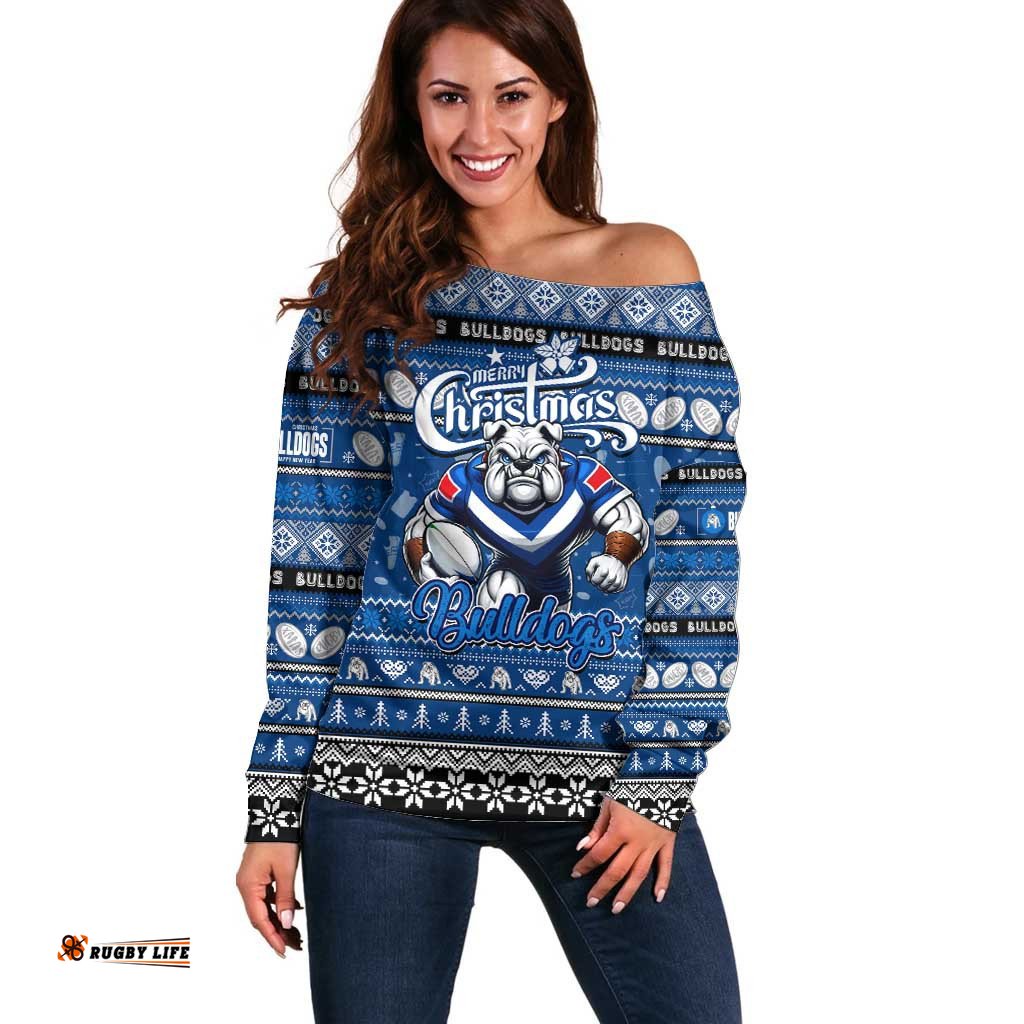 Personalized Bulldogs Rugby Xmas Off Shoulder Sweater Australia NRL Mascot