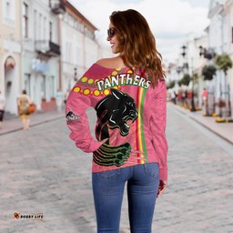 Panthers Rugby Off Shoulder Sweater The Mountain Men Aboriginal Art Dynamic Pink Version