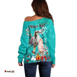 Personalised Kookaburra and Cockatoo Off Shoulder Sweater Australia Merry Christmas Aboriginal Teal Style