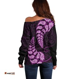Purple New Zealand Paisley Silver Fern Off Shoulder Sweater Aotearoa Maori