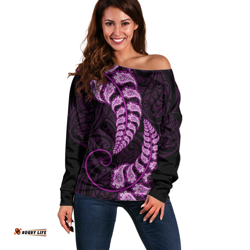Purple New Zealand Paisley Silver Fern Off Shoulder Sweater Aotearoa Maori