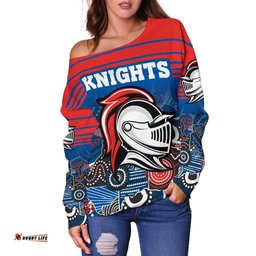 Custom Personalised Knights Women's Off Shoulder Sweater Newcastle Aboriginal Horizontal Style White TH12