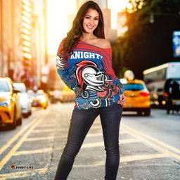 Custom Personalised Knights Women's Off Shoulder Sweater Newcastle Aboriginal Horizontal Style White TH12