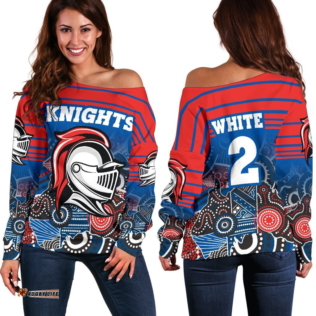 Custom Personalised Knights Women's Off Shoulder Sweater Newcastle Aboriginal Horizontal Style White TH12