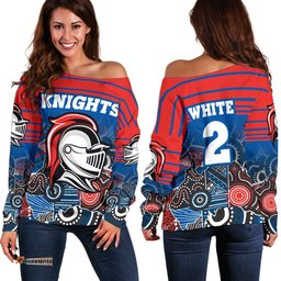 Custom Personalised Knights Women's Off Shoulder Sweater Newcastle Aboriginal Horizontal Style White TH12