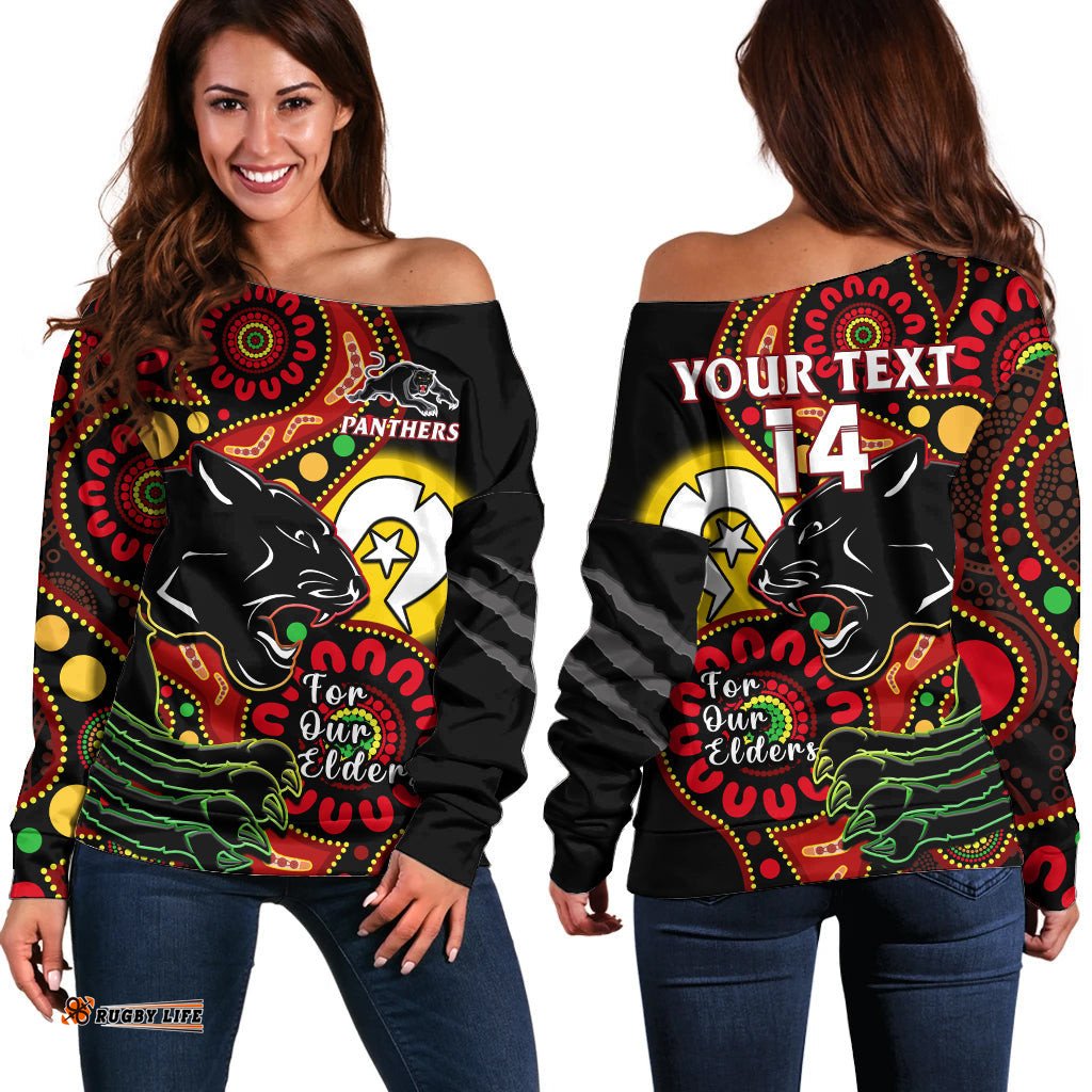 Custom Text And Number Panthers Rugby NAIDOC Off Shoulder Sweater For Our Elders Aboriginal