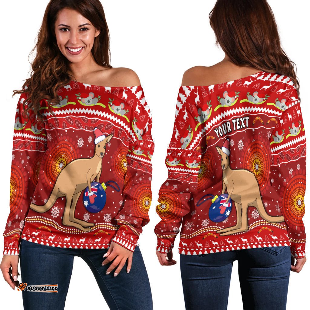 Custom Personalised Australia Christmas Off Shoulder Sweater Aboriginal Kangaroo