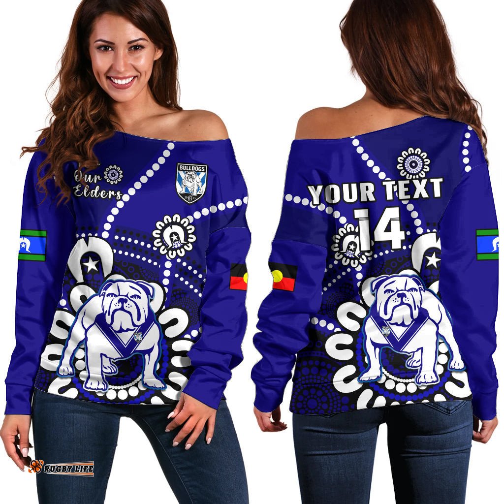 Custom Text And Number Bulldogs Rugby NAIDOC Off Shoulder Sweater For Our Elders Aboriginal