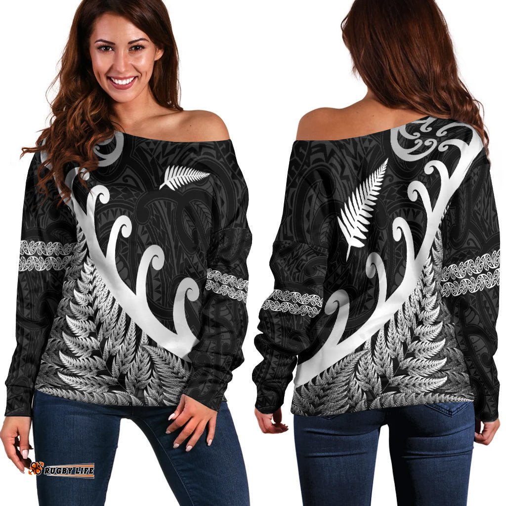 New Zealand Rugby Maori Women Off Shoulder Sweater Silver Fern Koru Vibes Black
