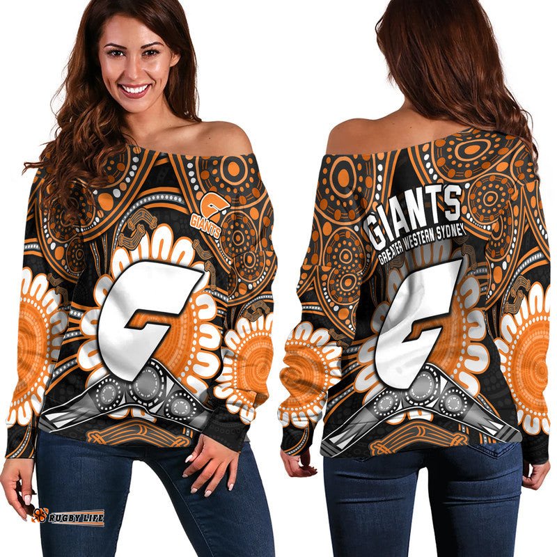 Giants Football Women Off Shoulder Sweater Boomerang Indigenous Dots