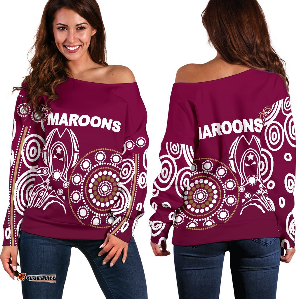 Queensland Women's Off Shoulder Sweater Maroons Simple Indigenous