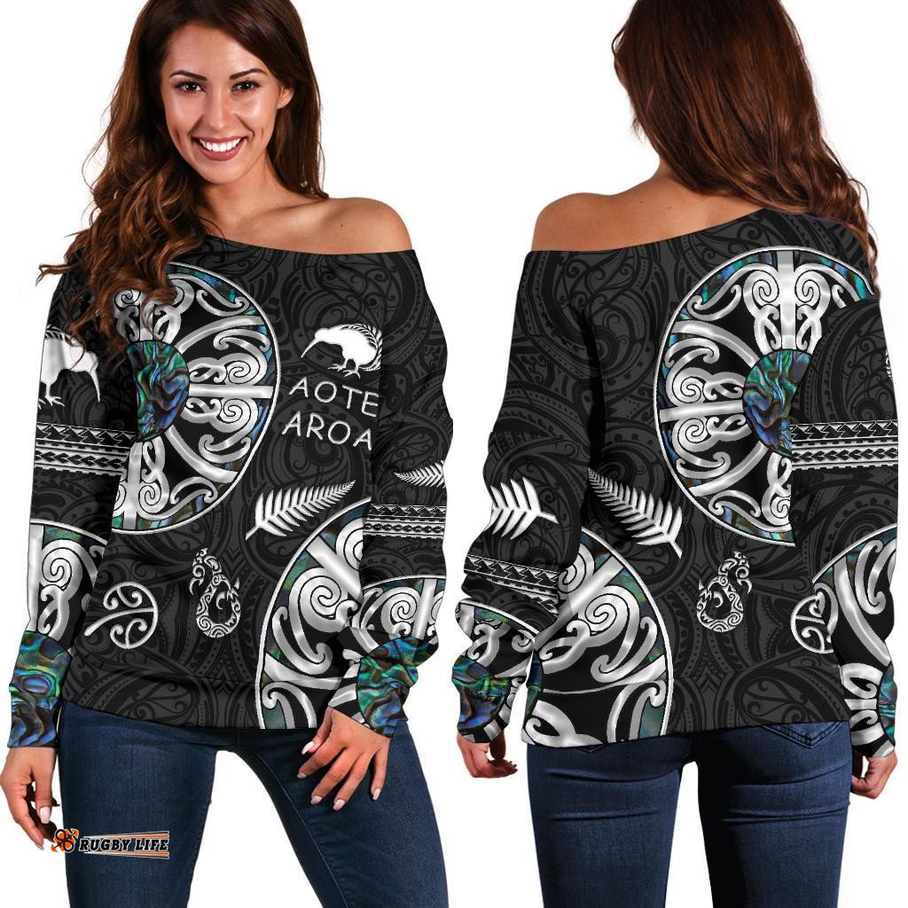 New Zealand Aotearoa Women Off Shoulder Sweater, Maori Mangopare Paua Shell