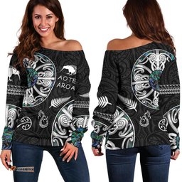 New Zealand Aotearoa Women Off Shoulder Sweater, Maori Mangopare Paua Shell