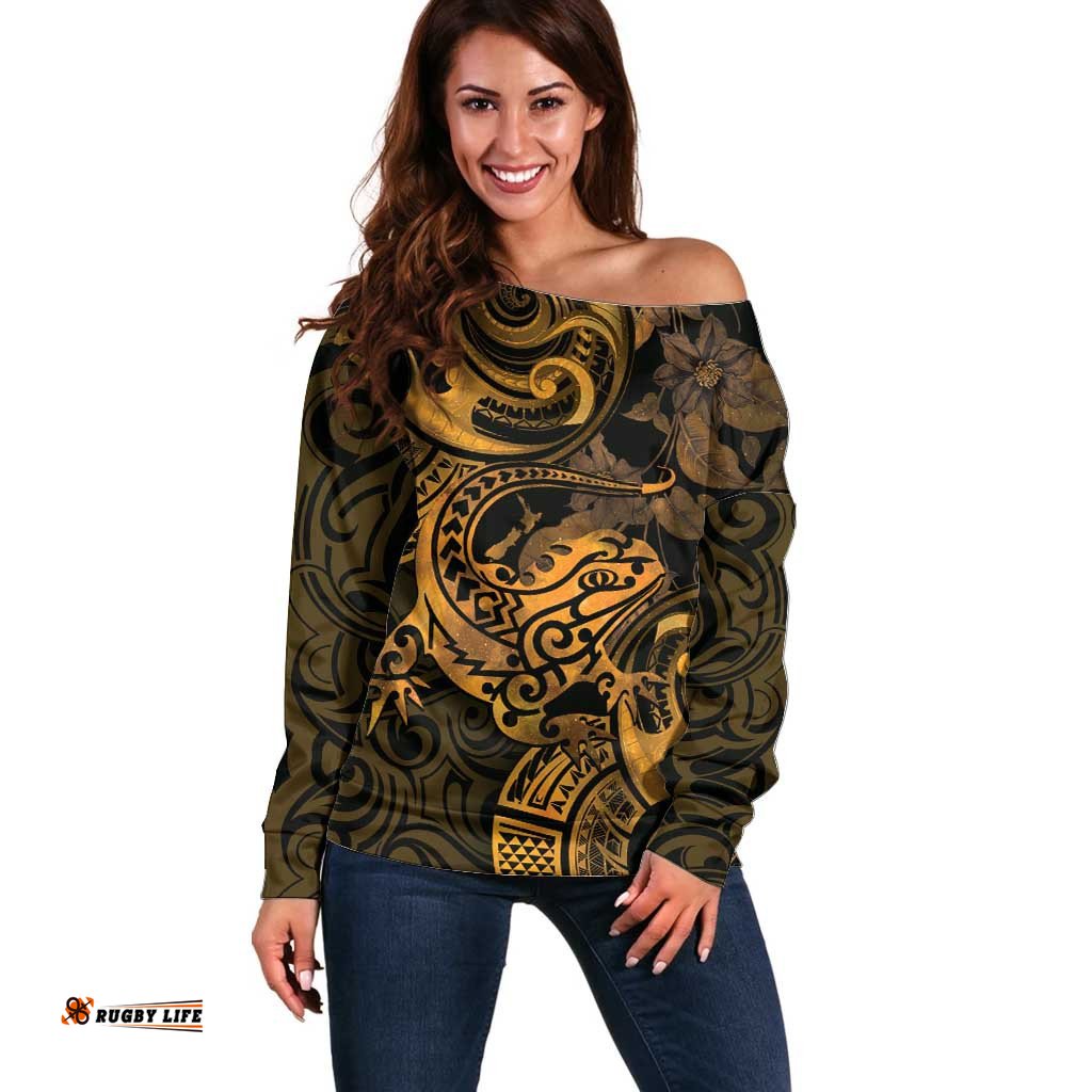 New Zealand Tuatara Off Shoulder Sweater Aotearoa Maori Clematis Flowers Gold