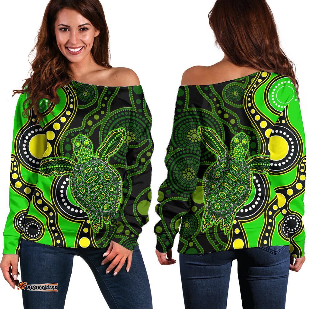 Aboriginal Turtle Off Shoulder Sweater Green Style
