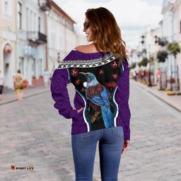 New Zealand Tui Bird Off Shoulder Sweater, Pohutukawa Purple