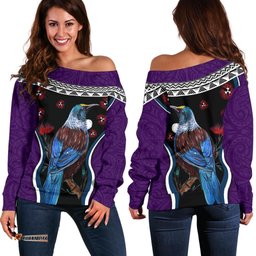 New Zealand Tui Bird Off Shoulder Sweater, Pohutukawa Purple