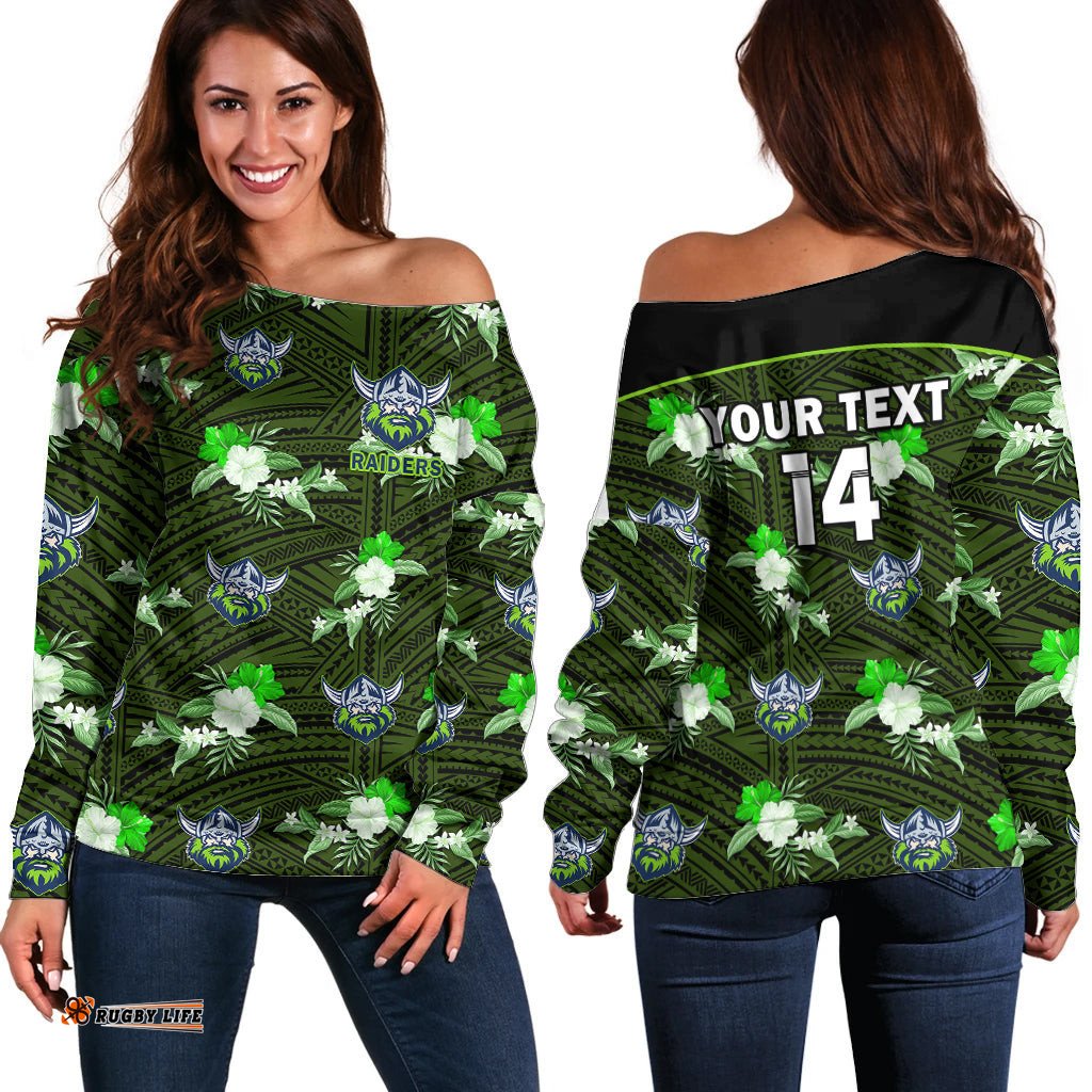 Custom Text And Number Raiders Rugby Off Shoulder Sweater Polynesian Tribal Mix Tropical Hawaiian Style