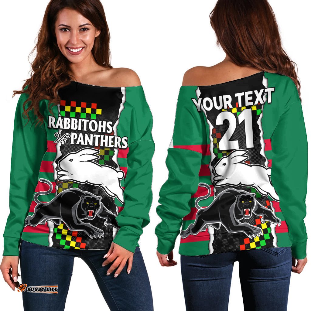 Custom Text And Number NRL Combine Rabbitohs and Panthers Off Shoulder Sweater 08