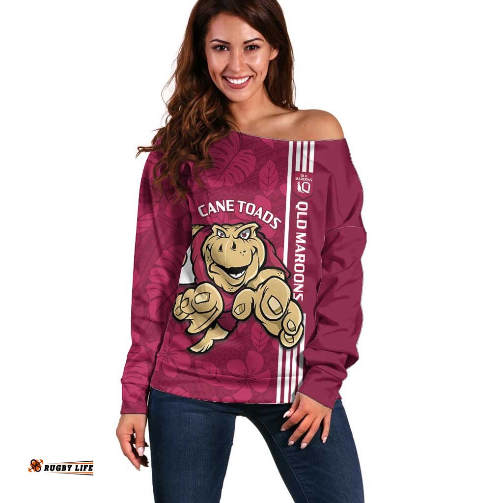 Custom QLD Maroons Rugby Off Shoulder Sweater Cane Toads Polynesian Pattern Tropical Vibes
