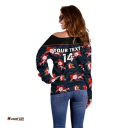 Custom Text And Number Roosters Rugby Off Shoulder Sweater Polynesian Tribal Mix Tropical Hawaiian Style