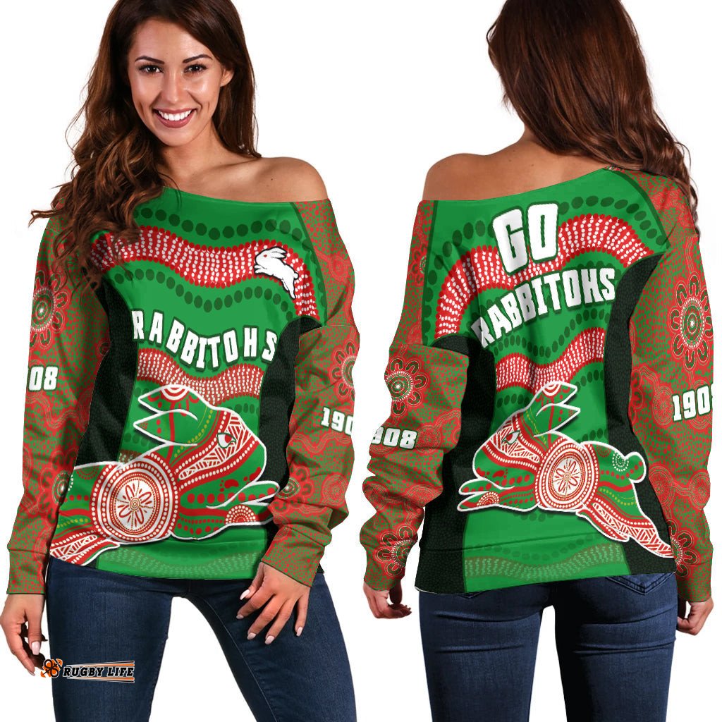 Rabbitohs Rugby Off Shoulder Sweater Souths 1908 Aboriginal Dot Painting Go Bunnies