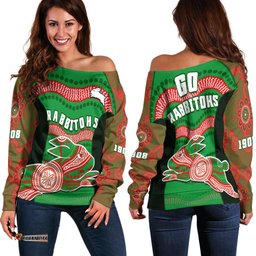 Rabbitohs Rugby Off Shoulder Sweater Souths 1908 Aboriginal Dot Painting Go Bunnies