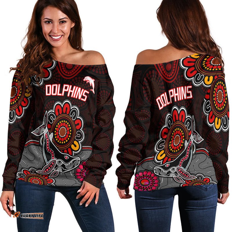 Dolphins Rugby Women Off Shoulder Sweater Indigenous Circles and Waves Black