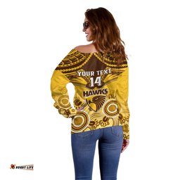 Personalised Hawthorn Football Off Shoulder Sweater Hawks Aboriginal Mix Polynesian Pattern