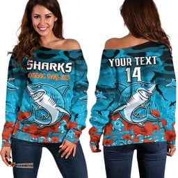Custom Text And Number Sharks ANZAC Off Shoulder Sweater Camouflage Poppy Mix Aboriginal