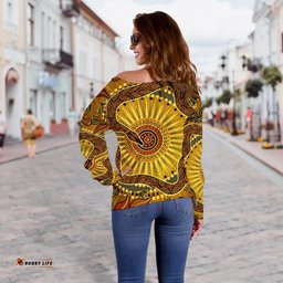 Off Shoulder Sweater Australian Aboriginal Snake Rainbow Serpent