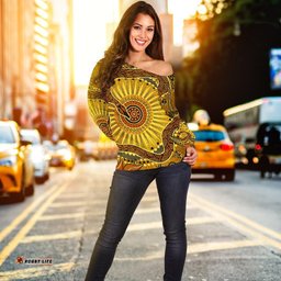 Off Shoulder Sweater Australian Aboriginal Snake Rainbow Serpent