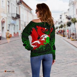 Wales Women's Off Shoulder Sweater Cymru Dragon
