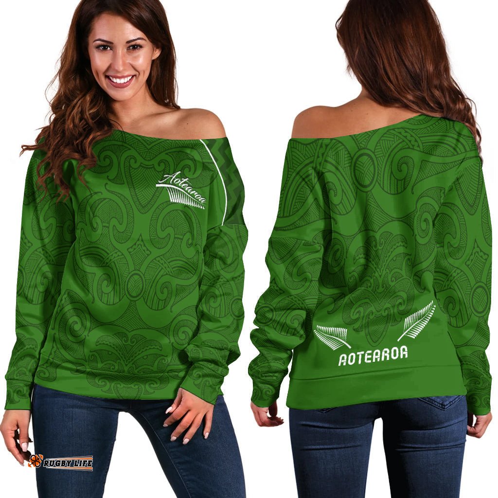 Maori Off Shoulder Sweater Green Aotearoa Tattoo