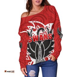 Sydney Women Off Shoulder Sweater Simple Indigenous Swans 05