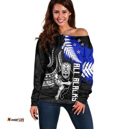 Aotearoa Rugby Off Shoulder Sweater All Black Maori Fern