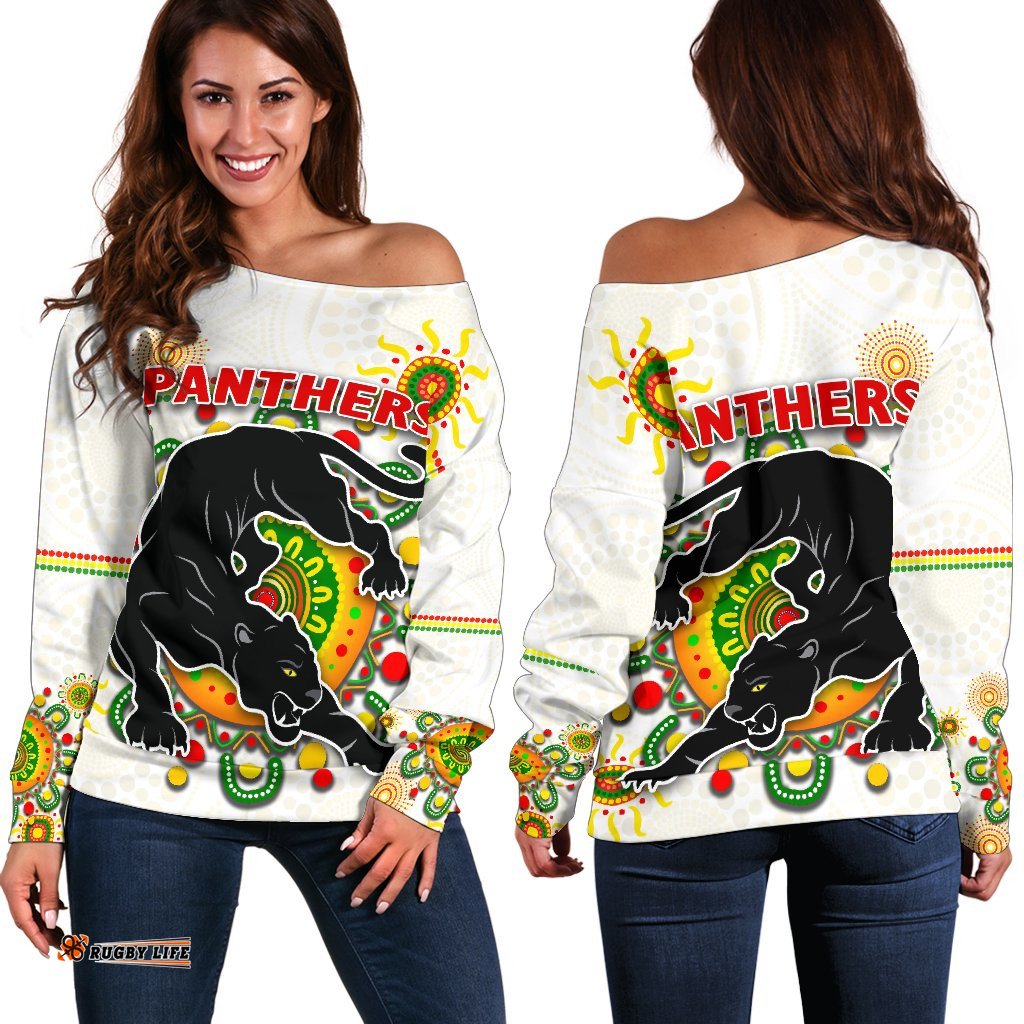 Penrith Women Off Shoulder Sweater Indigenous Panthers White