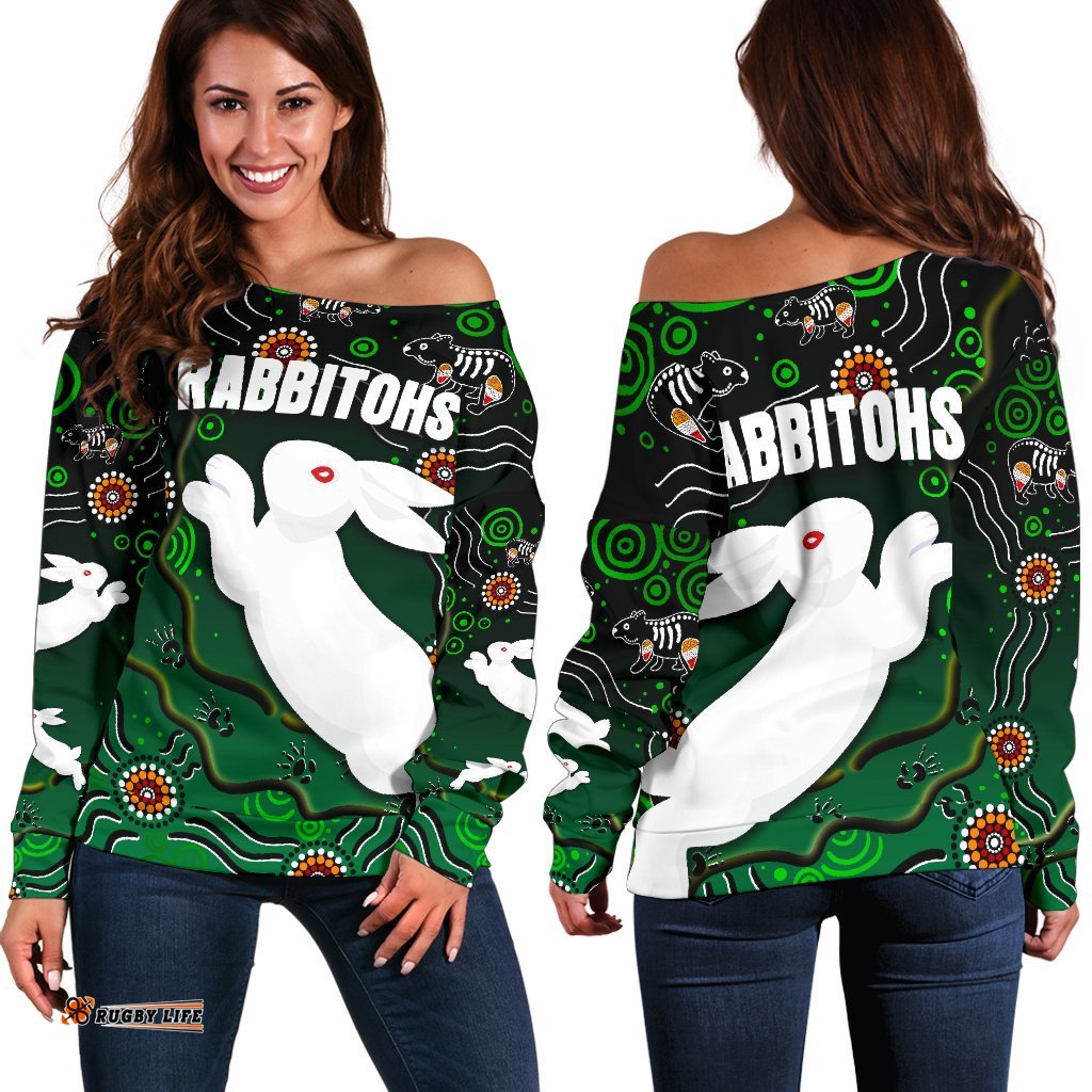 Rabbitohs Women's Off Shoulder Sweater Simple Indigenous