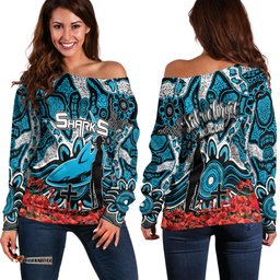 Sharks Off Shoulder Sweater Anzac Day Poppy Flowers With Aboriginal