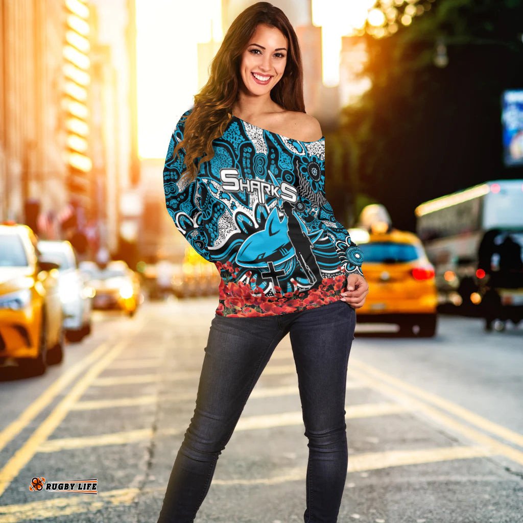 Sharks Off Shoulder Sweater Anzac Day Poppy Flowers With Aboriginal