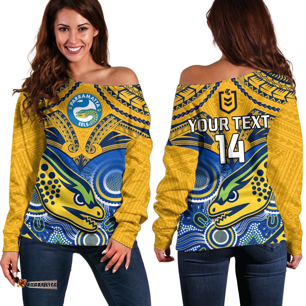 Custom Text And Number Parramatta Rugby Off Shoulder Sweater Go Eels Polynesian Mix Indigenous Art