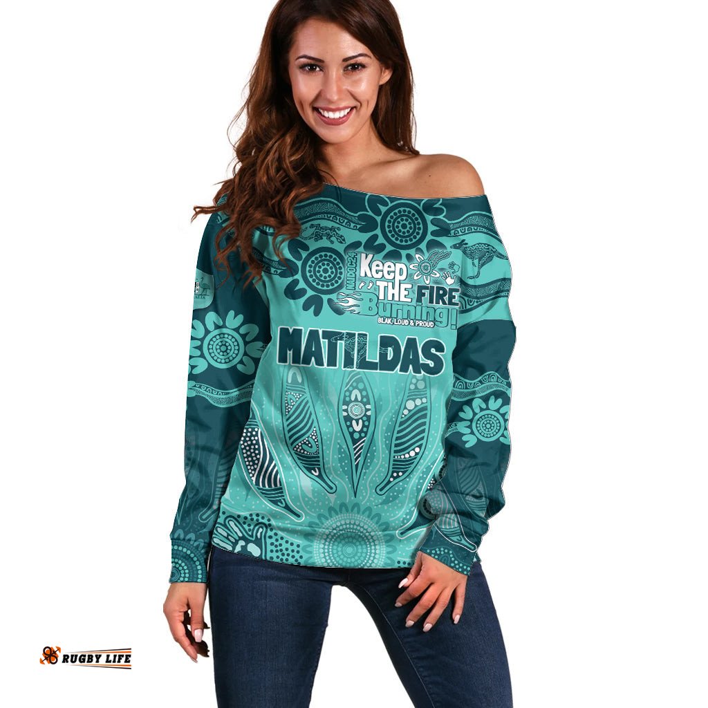 Australia Matildas Indigenous Off Shoulder Sweater NAIDOC 2024 Turquoise Color