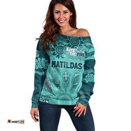Australia Matildas Indigenous Off Shoulder Sweater NAIDOC 2024 Turquoise Color