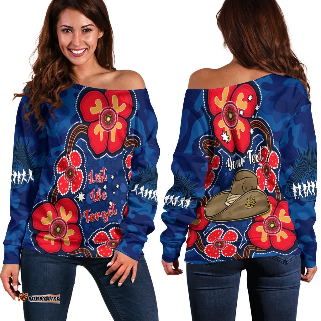 Custom Personalised Australia ANZAC Off Shoulder Sweater Lest We Forget Camouflage Mix Aboriginal Poppies And Slouch Hat