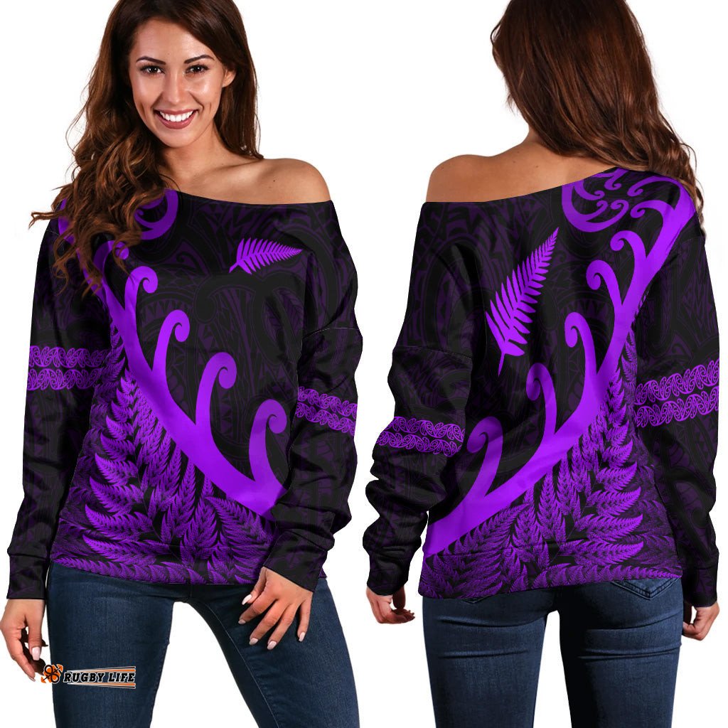 New Zealand Rugby Maori Women Off Shoulder Sweater Silver Fern Koru Vibes Purple