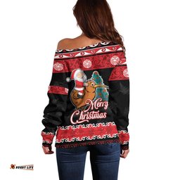 New Zealand Christmas Off Shoulder Sweater Funny Santa Riding Kiwi Meri Kirihimete